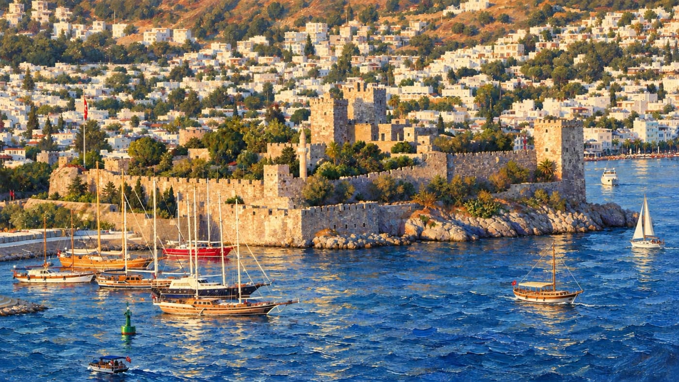 Bodrum Kalesi ve ahşap teknelerin yağlıboya yorumu